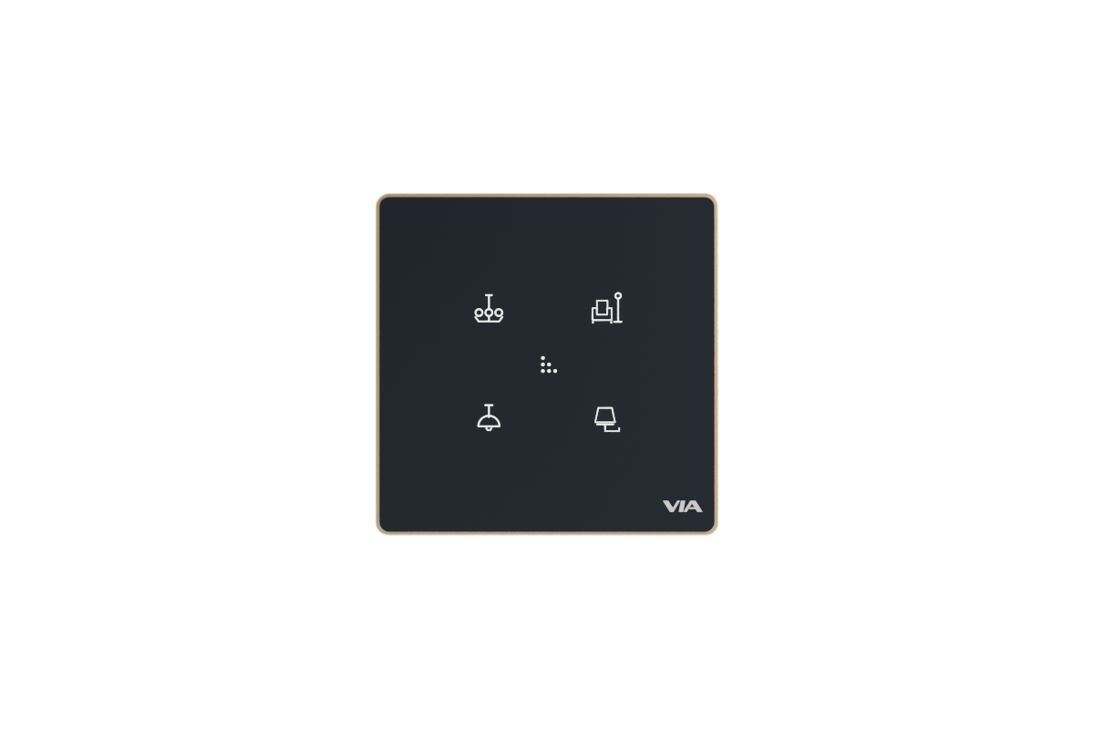 VIA NEXUS 2 studio render — Four switch icons around central scene mark