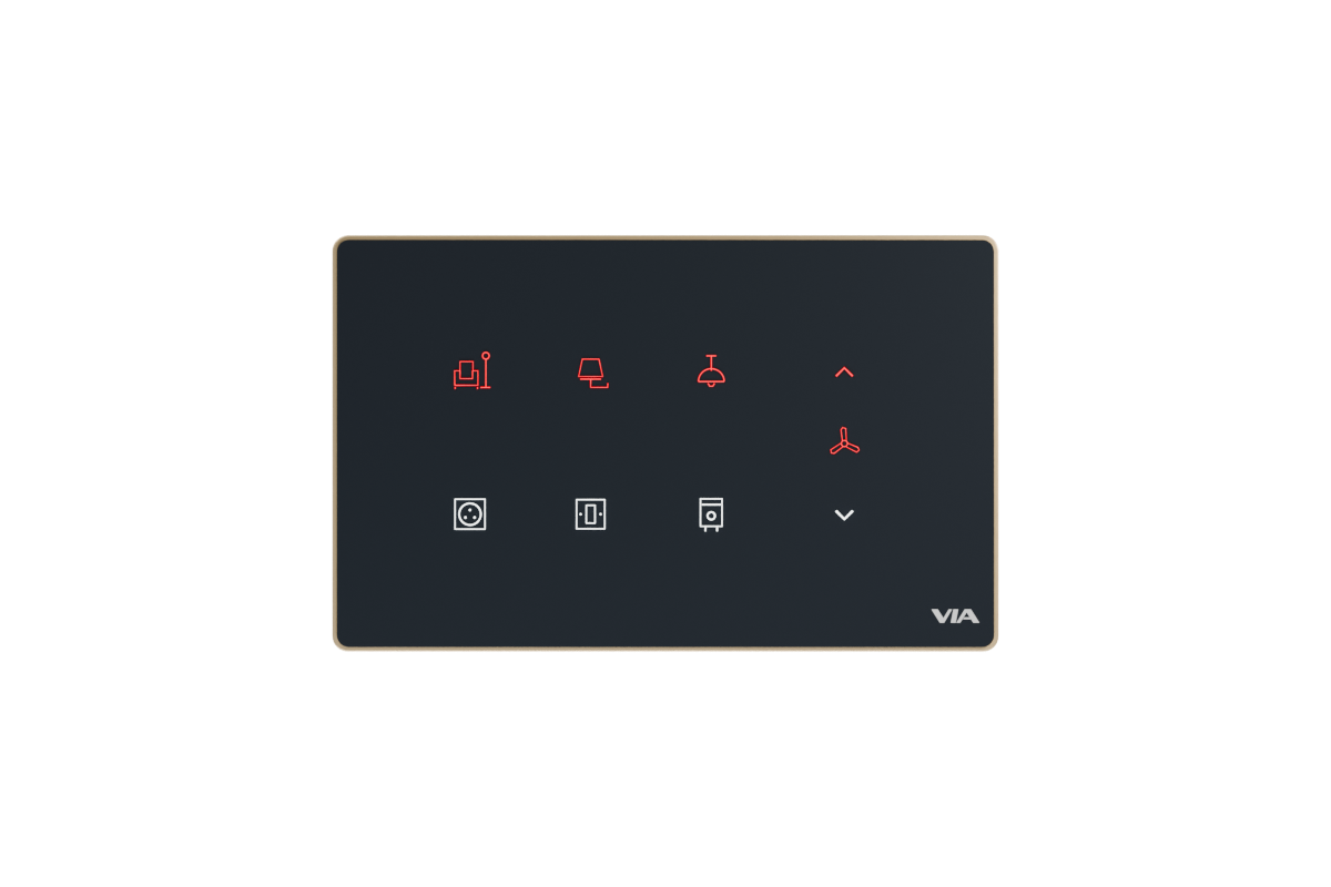 VIA NEXUS 4F studio render — Six switch icons and vertical fan control