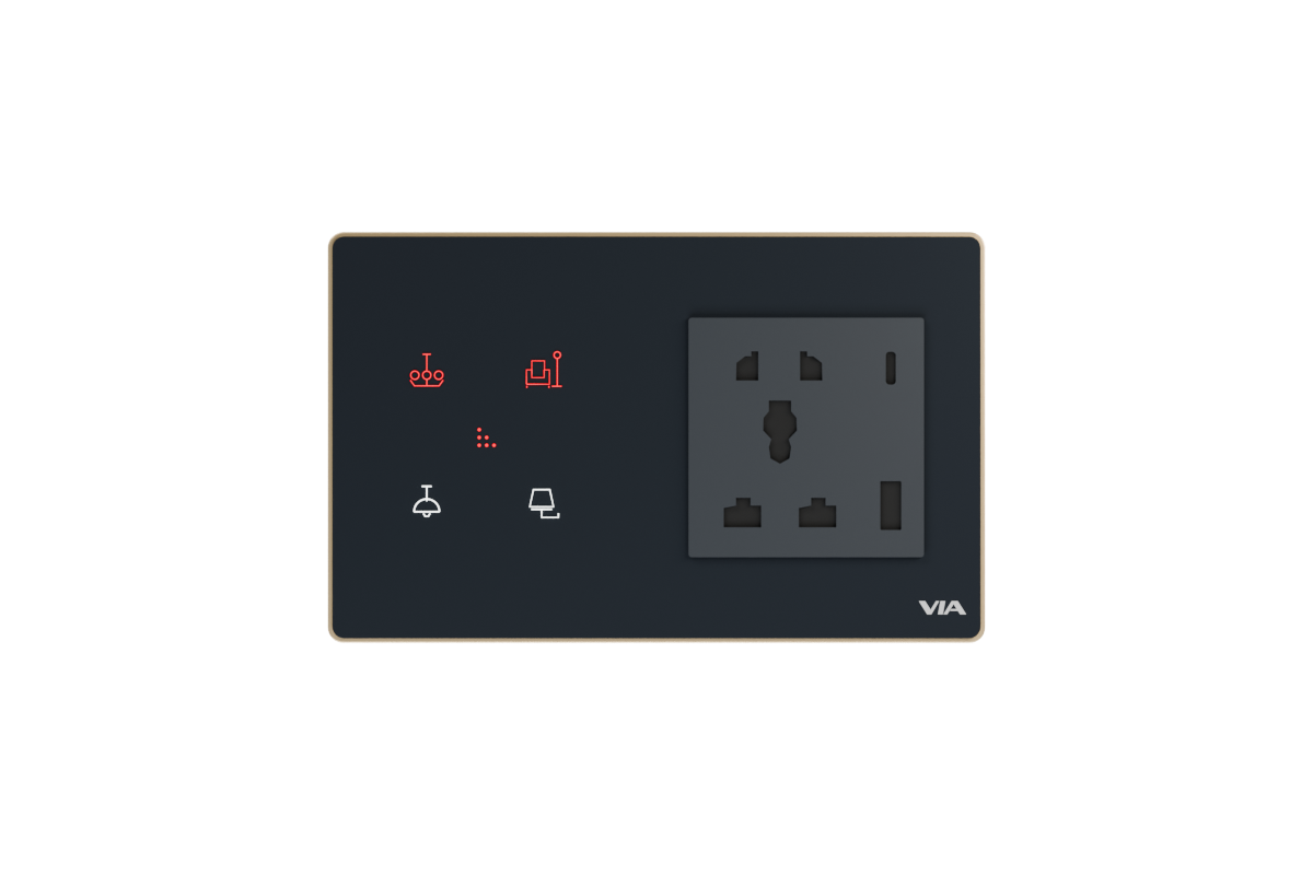 VIA NEXUS 4P studio render — Four switch icons, central scene mark, one socket