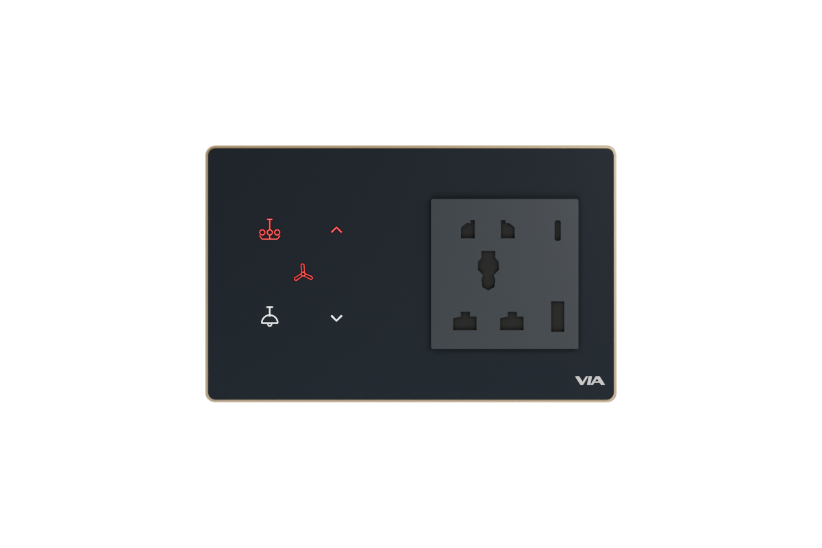 VIA NEXUS 4PF studio render — Two switch icons, fan control, one socket
