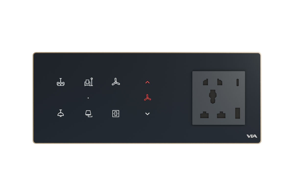 VIA NEXUS 6PF studio render — Six switch icons, vertical fan control, one socket