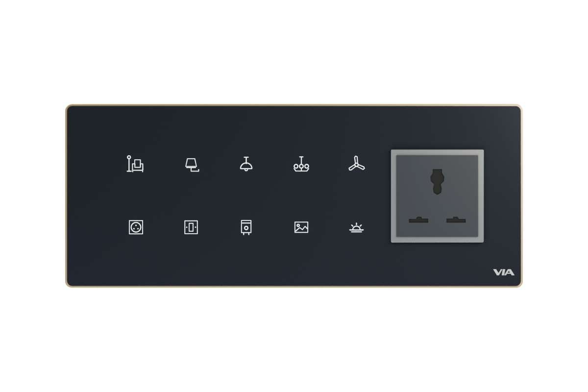 VIA NEXUS 8P studio render — Ten touch icons and one framed socket