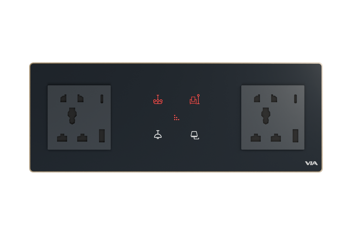 VIA NEXUS 8P2 studio render — Socket on each side of four central switch icons