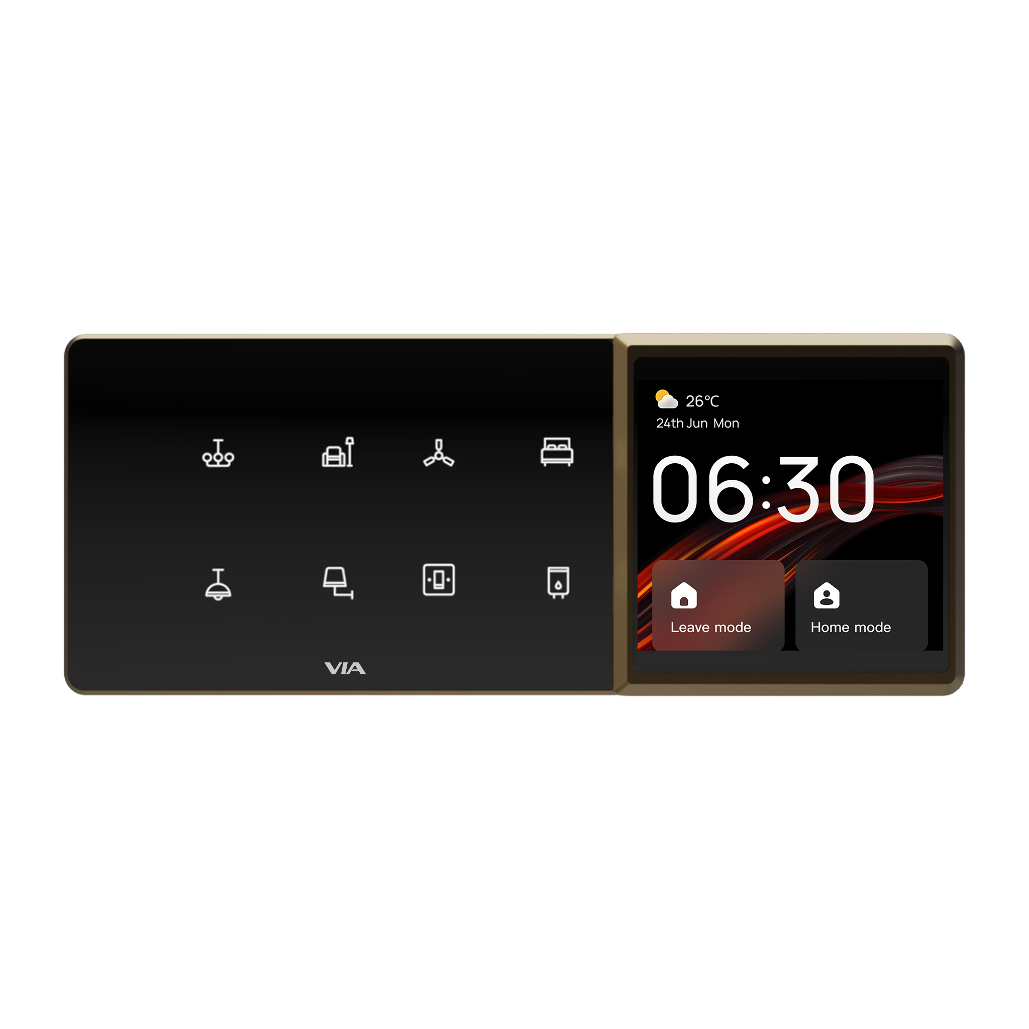 VIA Pixel 8A in Black and Gold, with touch icons and colour home-control display
